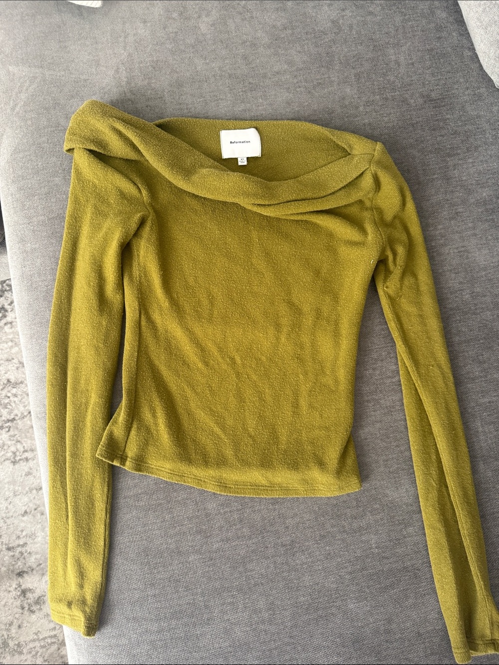 Reformation Olive Green Off-the-Shoulder Long Sleeve Sweater